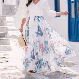 TROPICAL FLORAL WATERCOLOR MAXI SKIRT IN WHITE